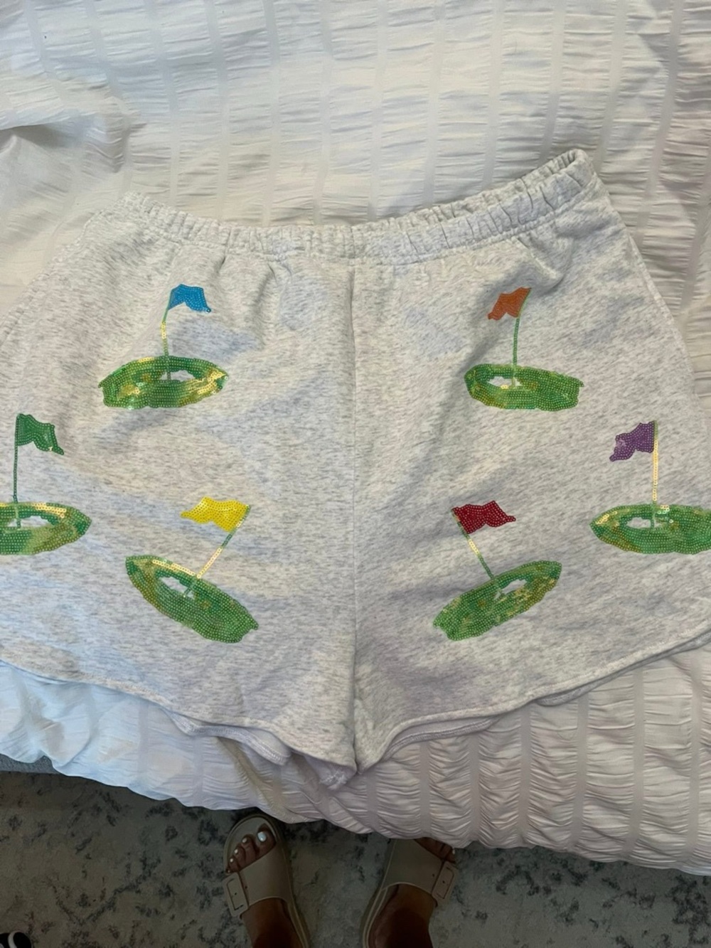 QUEEN OF SPARKLES Gray Sequin Golf Flag Athletic Shorts